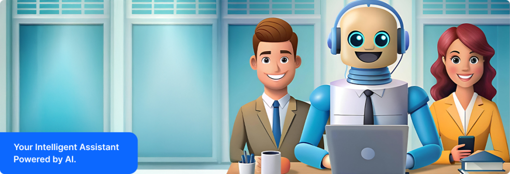 Small business storefront with AI assistant icons showing Salesforce AI agents helping with sales, marketing, and service.