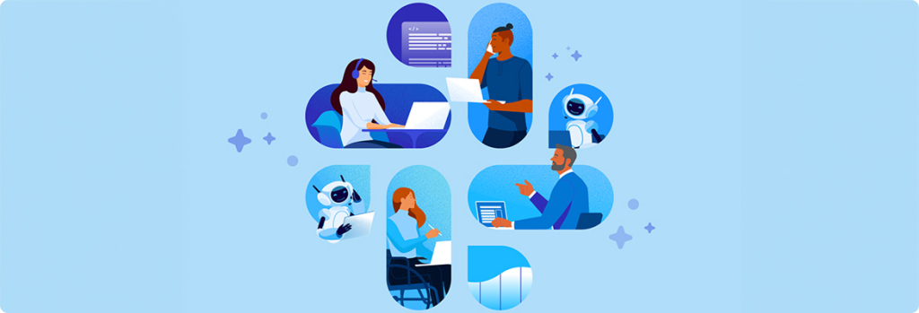 AI workplace culture: Illustration of teams using AI agents to support daily work activities in modern office settings. 