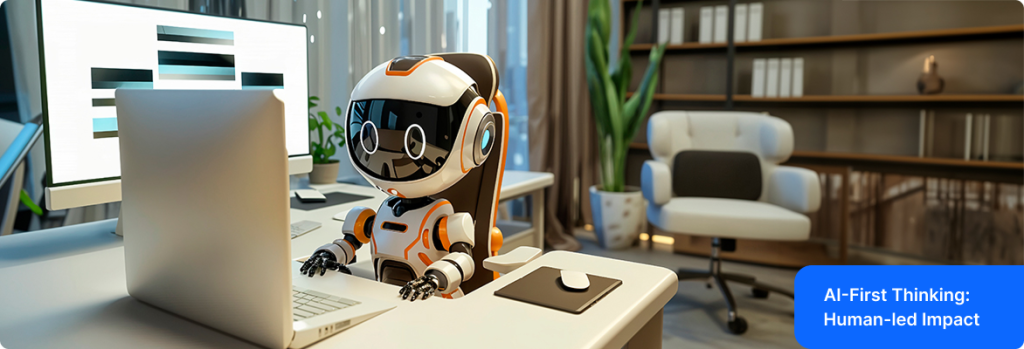 AI ready workplace: Futuristic AI robot illustration representing digital intelligence and innovation at workplace. 