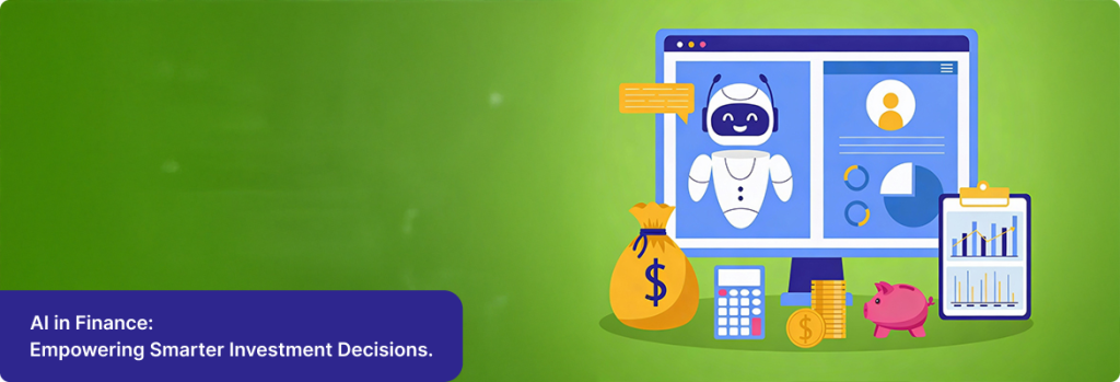 AI finance solutions - Graphic showing an artificial intelligence robot with digital finance and investment icons. 