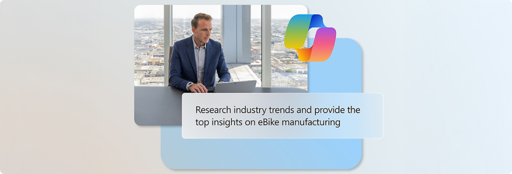 Business professional using AI-powered Copilot interface to research industry trends and generate automated data insights. 