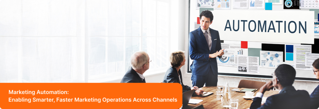 Illustration of an automated production system representing intelligent marketing automation workflows and AI-driven process optimization. 