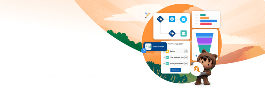 Illustration explaining what marketing automation is, showing automated campaigns, mobile push notifications, forms, analytics funnels, and multi-channel workflows. 