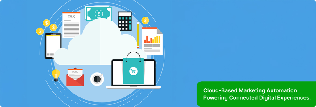 Illustration of cloud technology surrounded by connected digital elements representing cloud-based marketing automation and data workflows. 