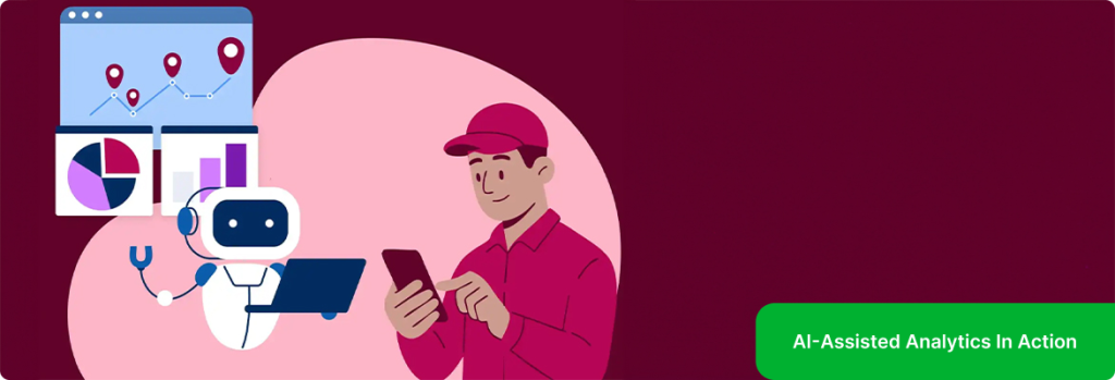 Illustration of a user receiving assistance from an AI agent while viewing analytics dashboards and charts.