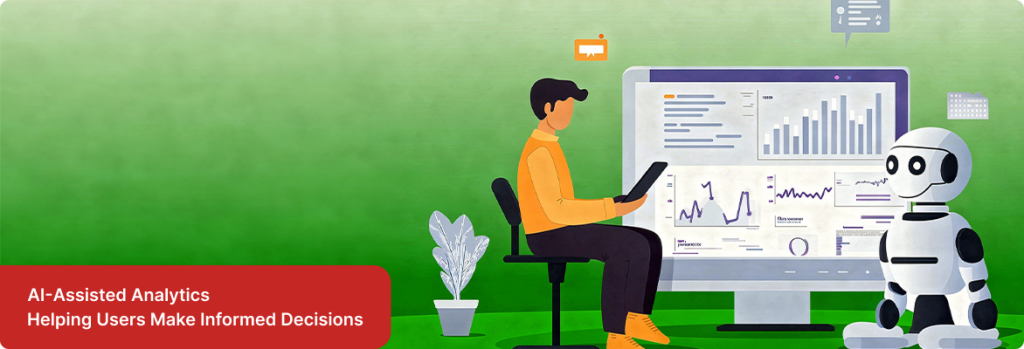 Illustration of a person interacting with a tablet while an AI robot presents data analytics on a large screen. 