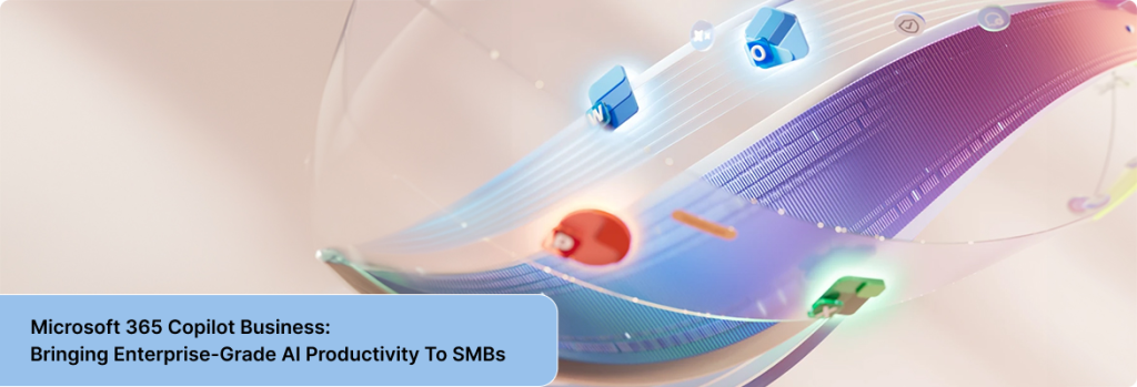 Illustration of small business professionals using Microsoft 365 Copilot Business AI tools to improve productivity and workflows.