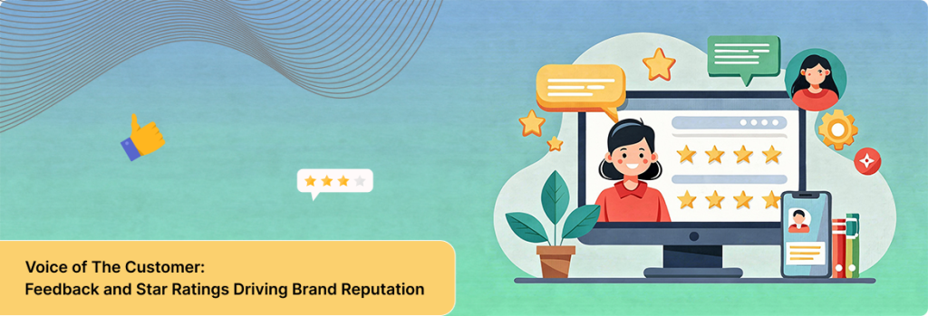 Person giving online feedback surrounded by speech bubbles and star ratings, representing online reputation management and review engagement. 