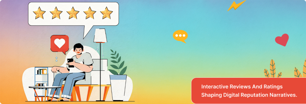 Flat illustration of users giving feedback and ratings, representing online reputation management and customer reviews. 