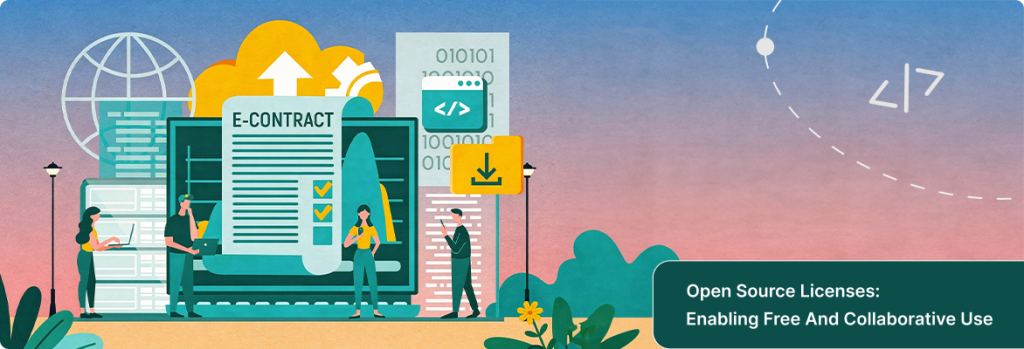 Vector illustration of open source license and electronic contract with online management and IT support elements. 