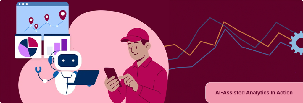 Illustration of a user receiving assistance from an AI agent while viewing analytics dashboards and charts.