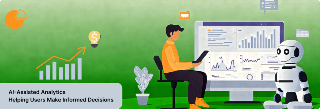 Illustration of a person interacting with a tablet while an AI robot presents data analytics on a large screen.