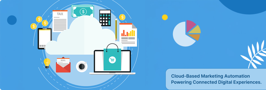 Illustration of cloud technology surrounded by connected digital elements representing cloud-based marketing automation and data workflows.