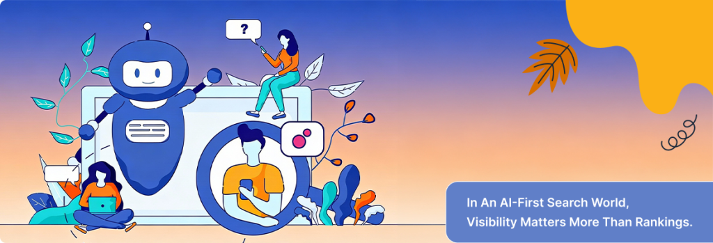 Illustration of a smartphone and laptop with a smart online assistant interface, representing AI-first search behavior. 