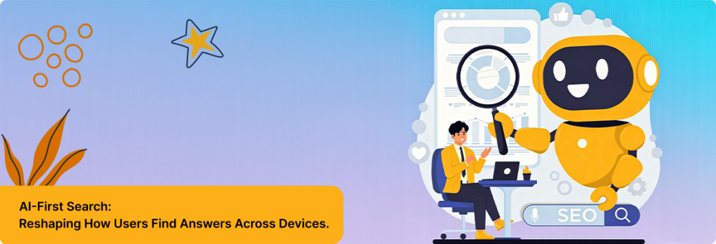 Illustration of a man and a robot analyzing data on a screen, representing AI-first search behavior and the integration of AI into search analytics. 