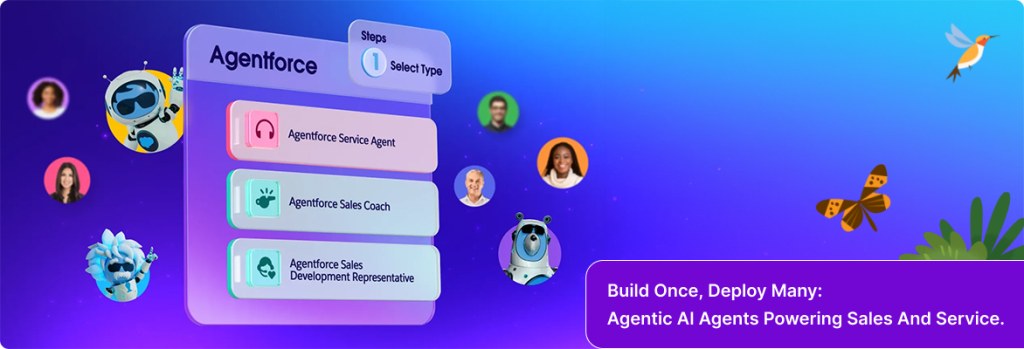 Agentforce interface showing selectable AI agents for service, sales coaching, and sales development. 