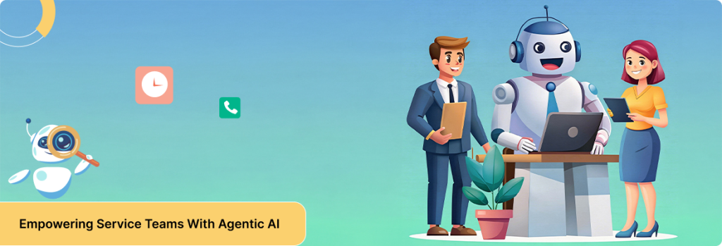 Illustration of an AI agent aiding human staff members in a workplace environment. 
