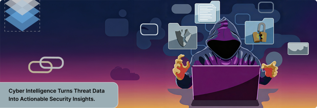 Illustration of a cyber criminal breaching digital defenses to steal confidential information, used to depict cyber threat intelligence insights. 