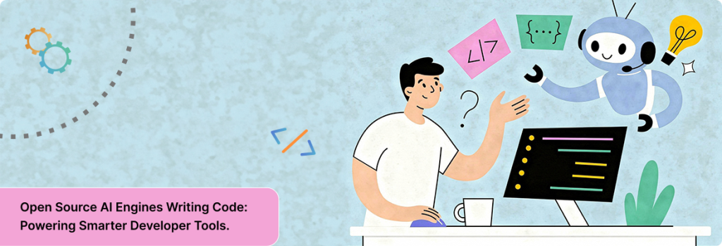 Visual concept of open source AI coding automation with artificial intelligence generating software code on screen. 