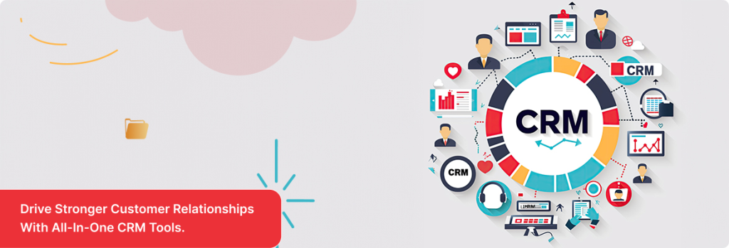 Business diagram with circular icons symbolizing CRM integration processes, strategy, and collaboration. 