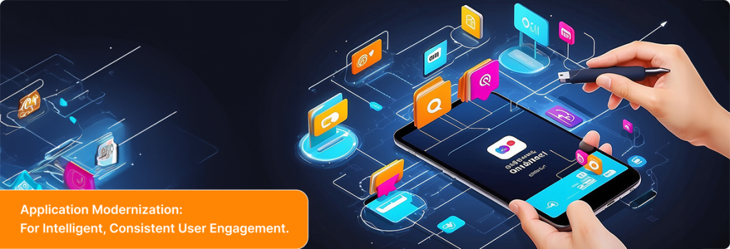 Illustration with digital app icons, networks, and online services showing application modernization for cloud-ready systems. 