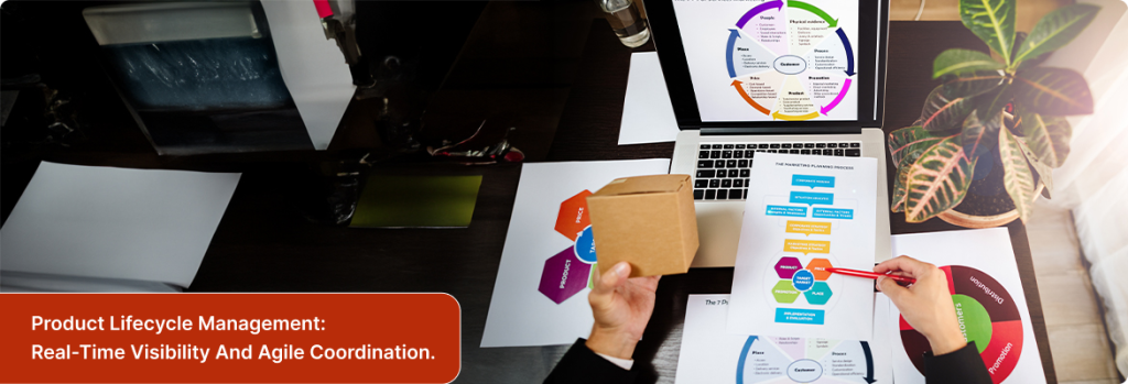 Top view of a woman looking at her smartphone, visualizing product lifecycle management data or app insights.