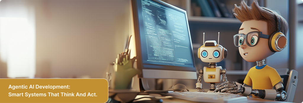 Robot man at workstation visualizing PHP AI framework and agentic AI in decision-making tasks.