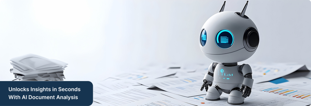 3D icon of an AI assistant with financial documents and charts representing intelligent automation with AI contract analysis software.