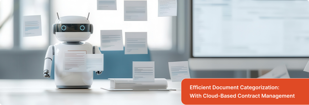 Visualization of AI contract analysis software features with a robot performing smart document sorting and search organization.