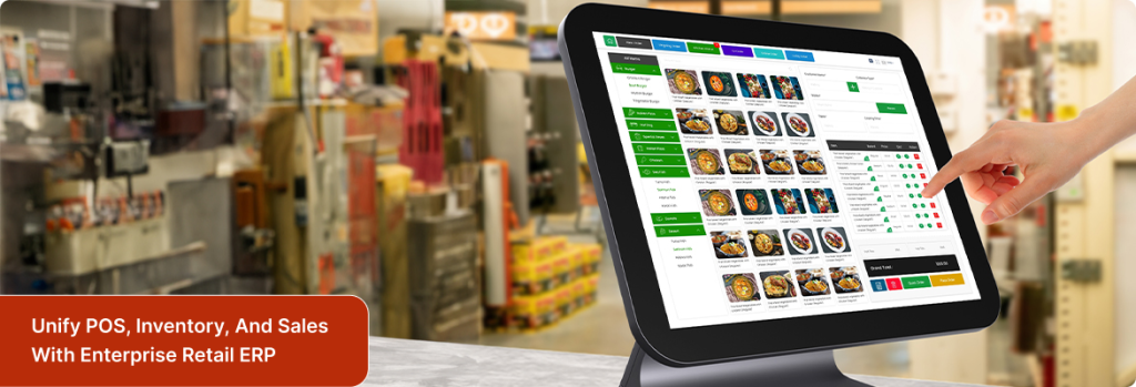 Customizable retail POS terminal mockup displaying a point-of-sale screen, representing enterprise retail ERP solutions in a store environment.