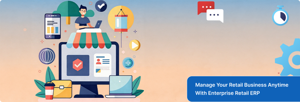 Businessman using laptop and mobile phone to access enterprise retail ERP solutions dashboard showing sales and inventory data.