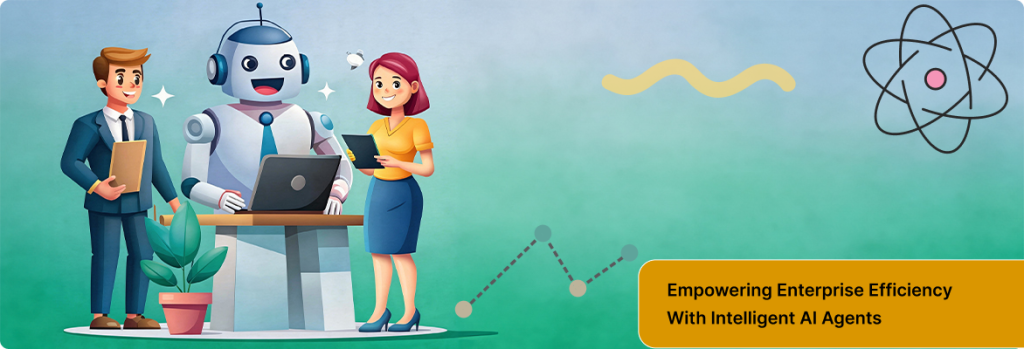 Illustration of an enterprise AI agent helping human team members - a friendly robot customer service representative interacting with two employees in a modern workplace.