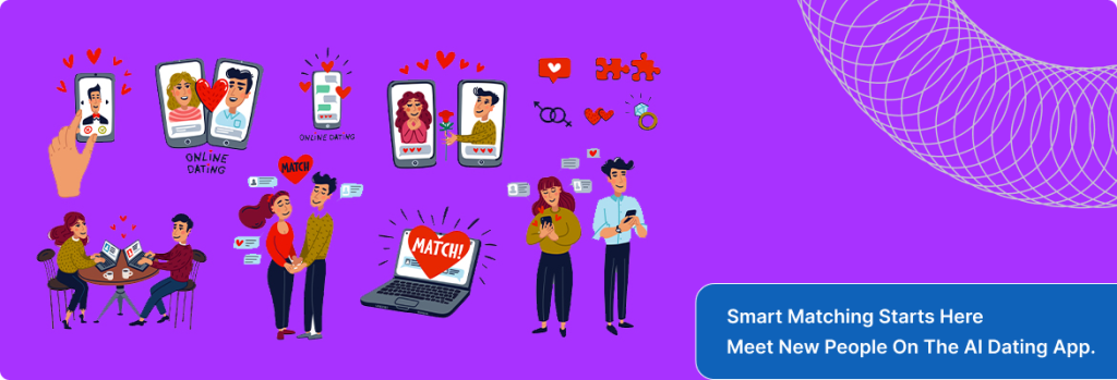 Online dating scene with a man and woman using an AI dating app on various devices.