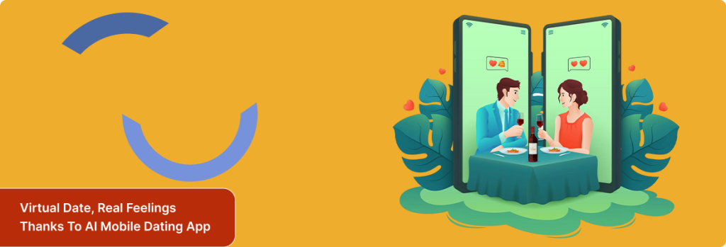 Graphic of a man and woman on a romantic online date through an AI dating app interface.