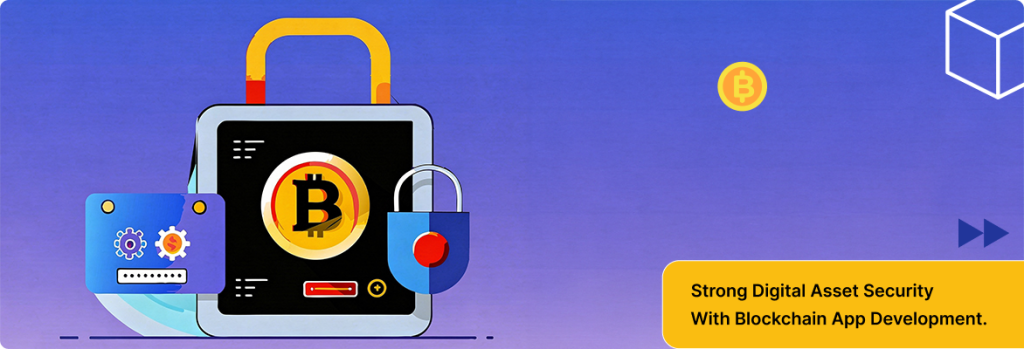 Blockchain app development illustration featuring hardware wallet for secure storage with private key protection. 