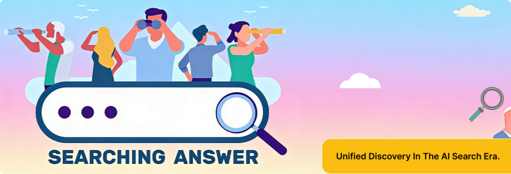 AI search optimization illustration with users finding answers online. 