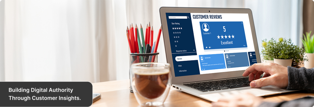 Business professional reviewing digital authority building and brand visibility through customer feedback and analytics. 