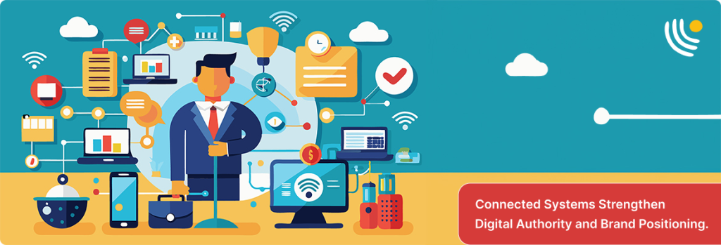 Technology network visualization of digital authority building and brand visibility through smart automation tools. 