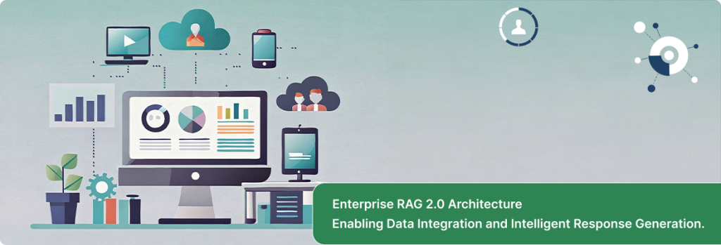 Enterprise RAG 2.0 architecture illustrated with a computer screen displaying cloud diagrams, data flow, and interconnected system components. 