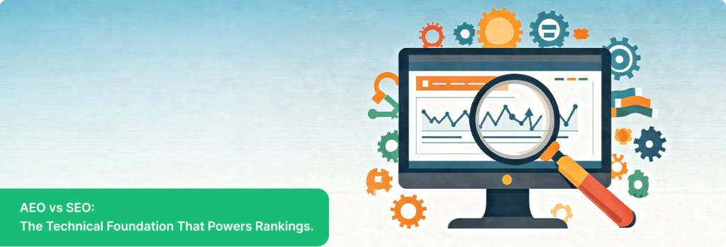 SEO professional analyzing keyword and backlink strategy on a monitor, illustrating the technical SEO foundation that works alongside AEO vs SEO for complete search visibility.