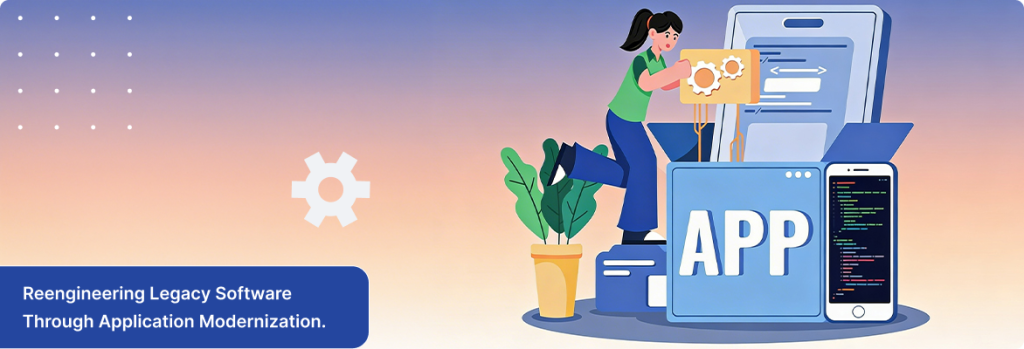 Legacy software modernization illustration showing app development with cloud, APIs, and modern architecture. 