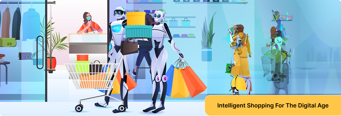 AI for ecommerce visual featuring robotic assistants improving retail efficiency | Flexsin