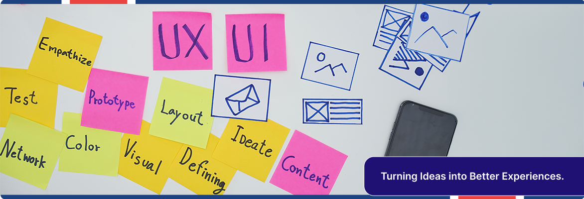 Modern user experience design workspace with top view of UX strategy documents.