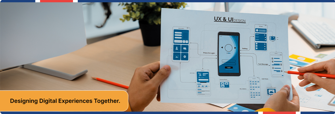 User experience design team collaborating on user interface planning and digital product strategy.