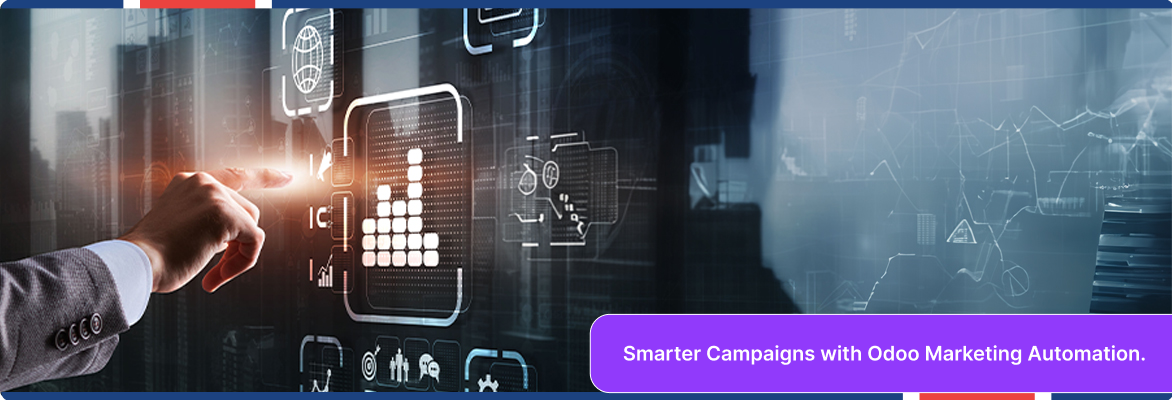 Business professional using analytics dashboard for Odoo marketing automation CRM campaigns.