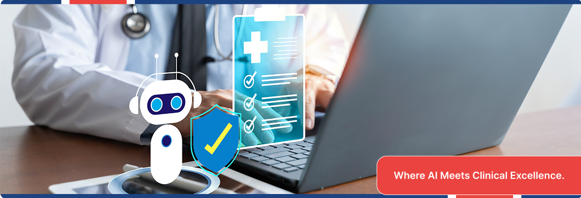 Doctor using AI-powered assistant with Microsoft Healthcare Cloud for patient care management.