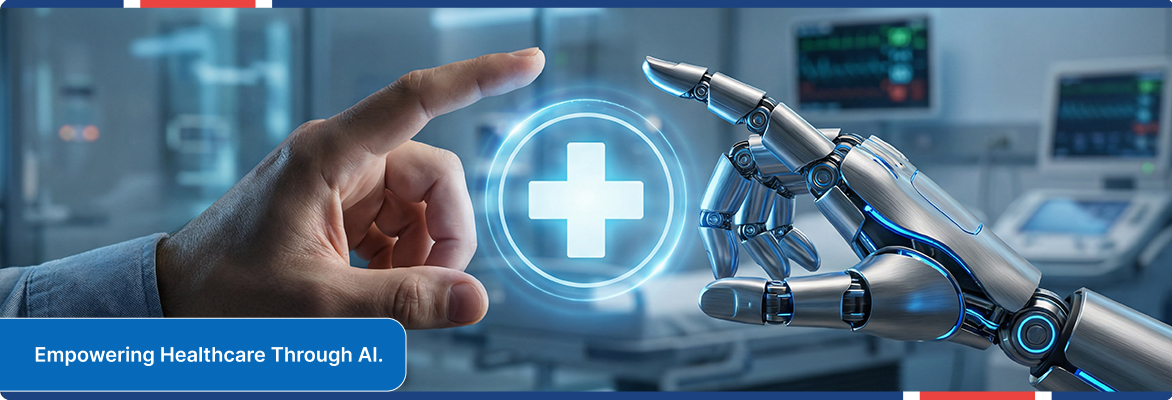AI healthcare solutions connecting human expertise with intelligent medical technology.