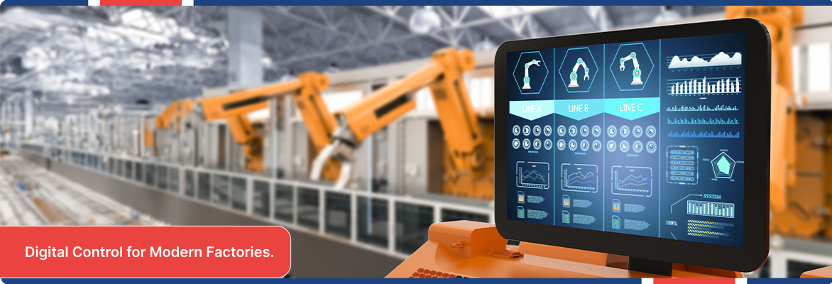 Manufacturing execution system (MES) control panel displaying real-time factory automation data.