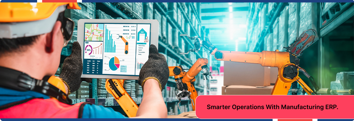 Manufacturing ERP integrated with smart robot arm systems in a modern factory environment.