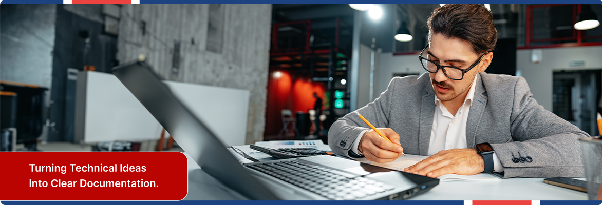Business professional focused on technical writing and documentation tasks.